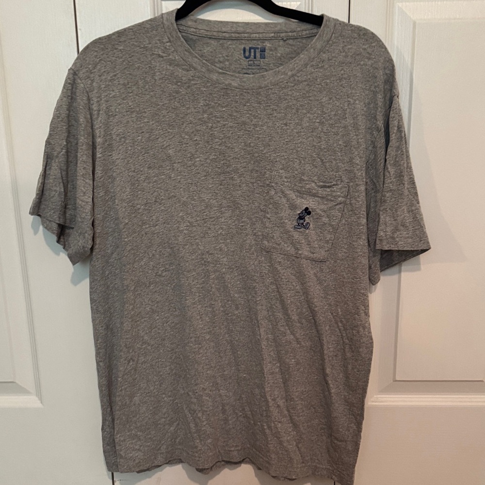 UNIQLO Pocket Gray T-Shirt with small blue Mickey patch